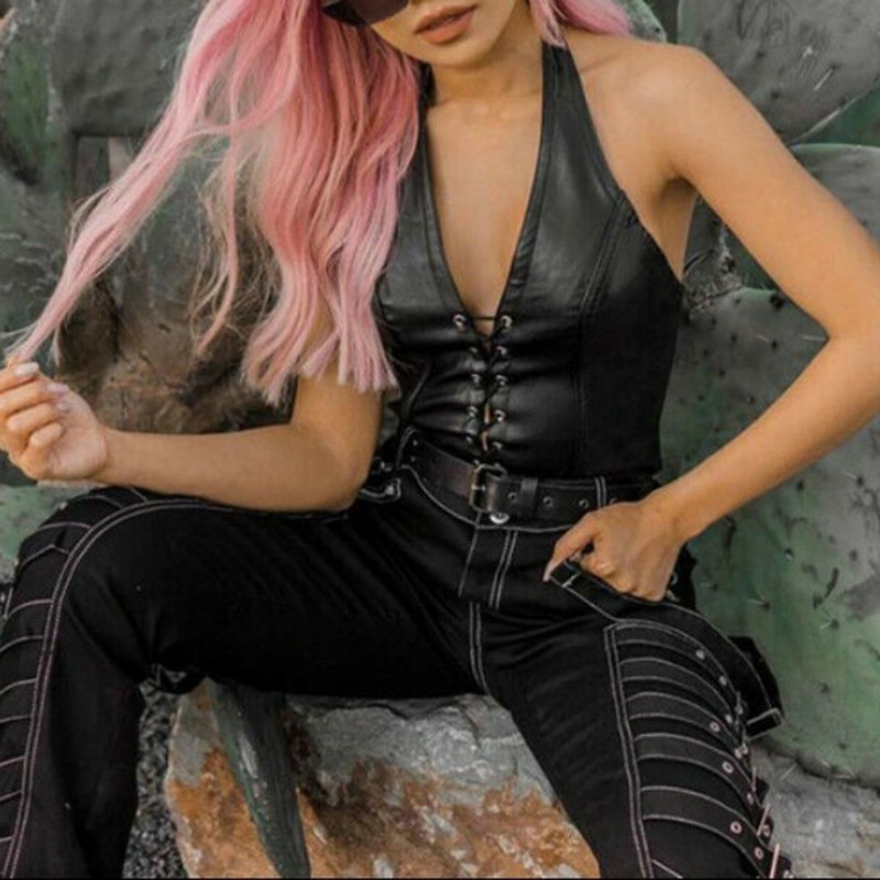 Tancuri sexy pentru femei Veste din piele PU neagră solidă Y2k gotic cu șireturi cu decolteu în V adânc, îmbrăcăminte de petrecere, cu aspect umed, corset, sutien, vestă, tricou