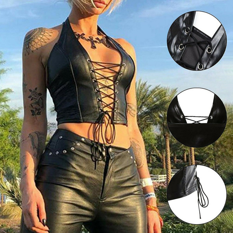 Tancuri sexy pentru femei Veste din piele PU neagră solidă Y2k gotic cu șireturi cu decolteu în V adânc, îmbrăcăminte de petrecere, cu aspect umed, corset, sutien, vestă, tricou
