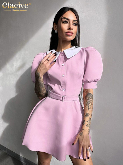 Clacive Bodycon kék irodai ruha 2024 nyári hajtóka rövid ujjú mini ruhák Elegáns klasszikus, magas derekú öves női ruha