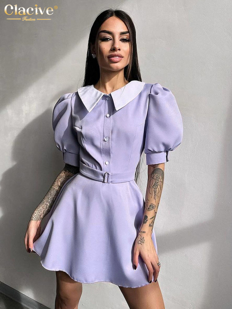 Clacive Bodycon kék irodai ruha 2024 nyári hajtóka rövid ujjú mini ruhák Elegáns klasszikus, magas derekú öves női ruha