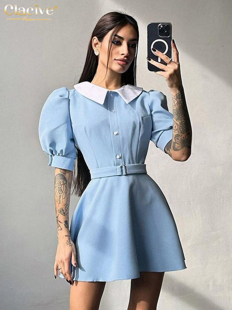 Clacive Bodycon kék irodai ruha 2024 nyári hajtóka rövid ujjú mini ruhák Elegáns klasszikus, magas derekú öves női ruha