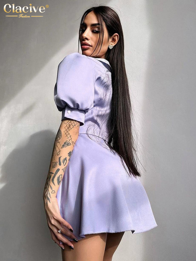 Clacive Bodycon kék irodai ruha 2024 nyári hajtóka rövid ujjú mini ruhák Elegáns klasszikus, magas derekú öves női ruha