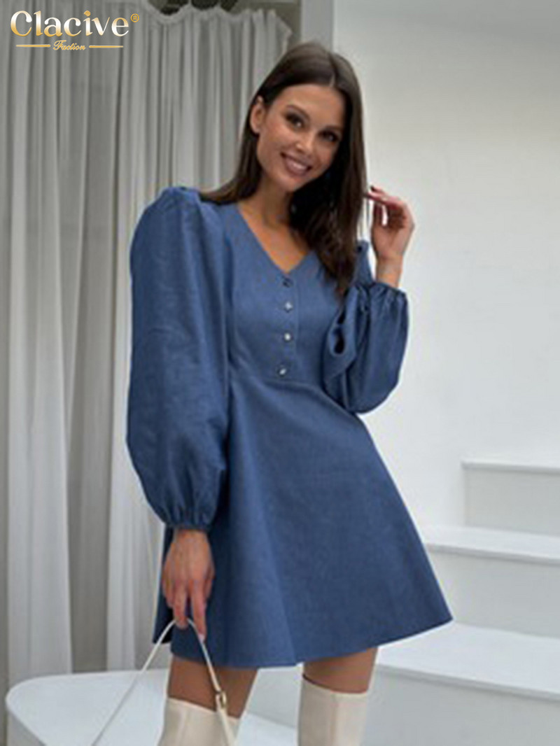 Clacive modna široka plava ženska haljina 2024. Elegantne mini haljine dugih rukava s V-izrezom Vintage klasična ženska haljina visokog struka