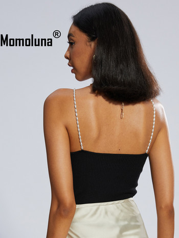 Momoluna Women Musier Paris Lena Drew Top Knit Pearl Slip Beads Strap Ribbed Camis SM
