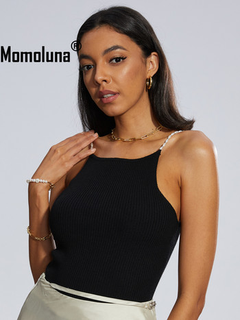 Momoluna Women Musier Paris Lena Drew Top Knit Pearl Slip Beads Strap Ribbed Camis SM