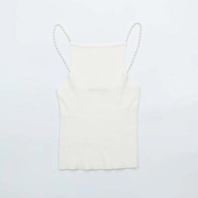 Momoluna Femei Musier Paris Lena Drew Top Knit Pearl Slip Beads Curea striată Camis SM