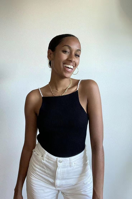 Momoluna Femei Musier Paris Lena Drew Top Knit Pearl Slip Beads Curea striată Camis SM