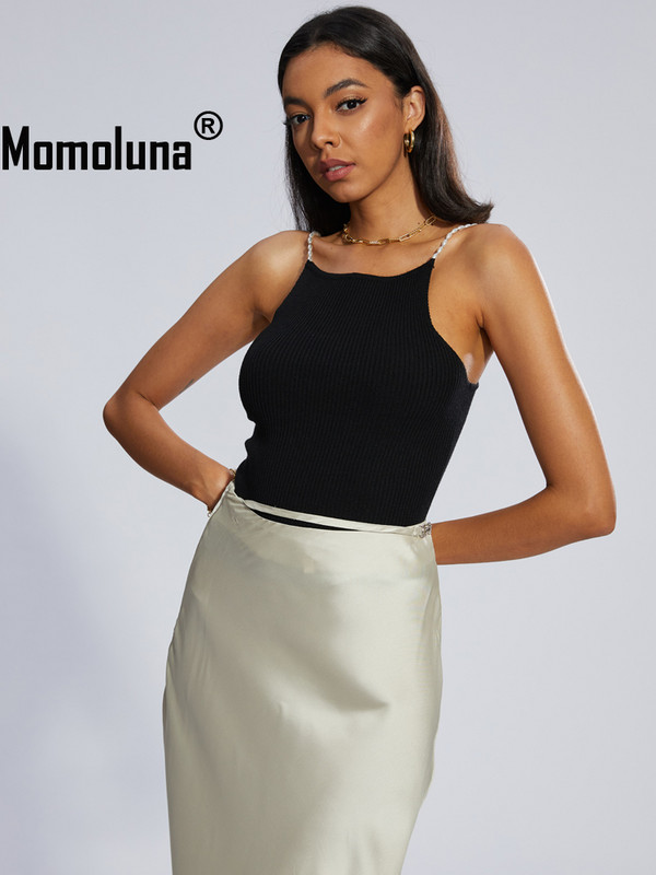 Momoluna Femei Musier Paris Lena Drew Top Knit Pearl Slip Beads Curea striată Camis SM