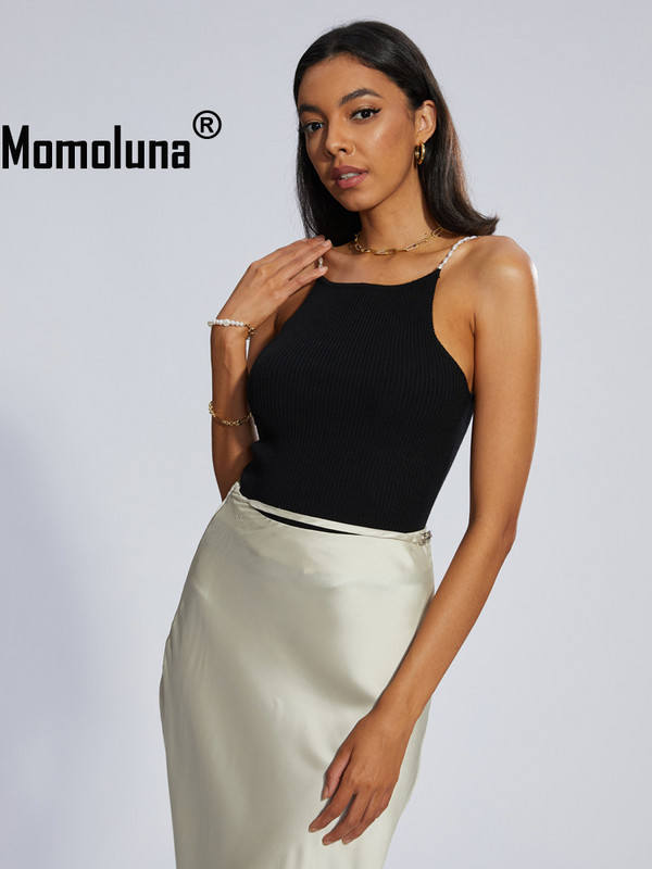 Momoluna Femei Musier Paris Lena Drew Top Knit Pearl Slip Beads Curea striată Camis SM