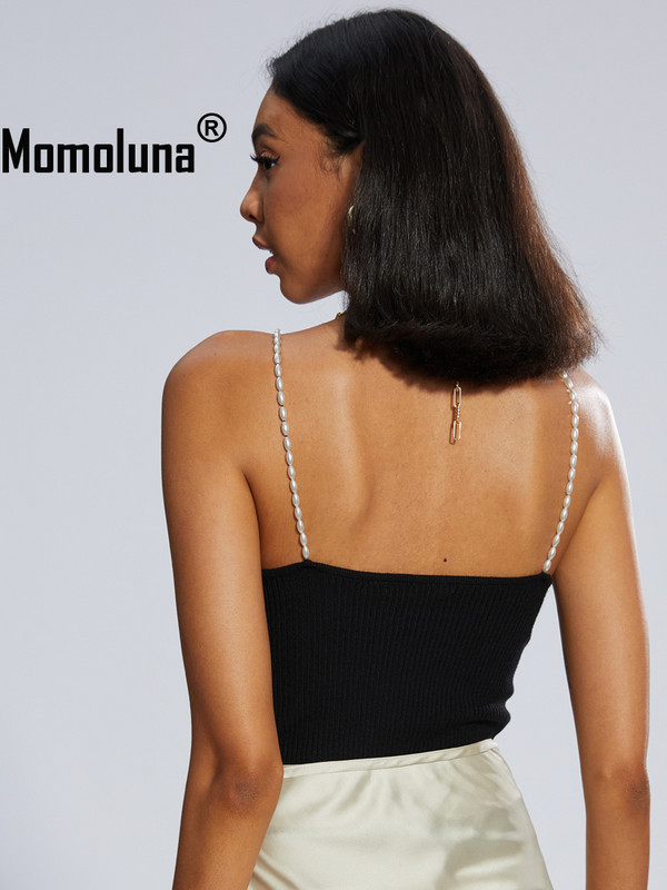 Momoluna Femei Musier Paris Lena Drew Top Knit Pearl Slip Beads Curea striată Camis SM
