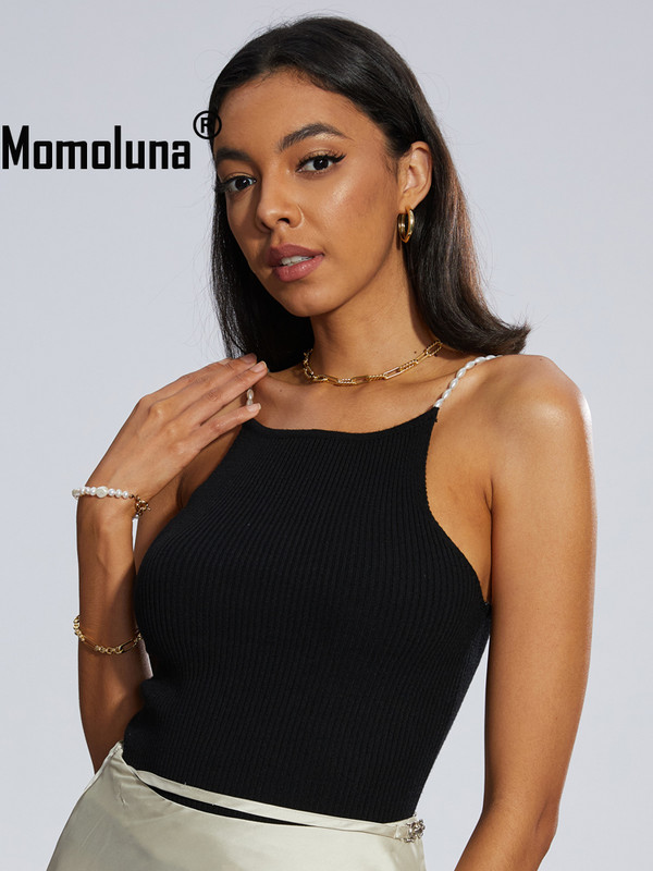 Momoluna Femei Musier Paris Lena Drew Top Knit Pearl Slip Beads Curea striată Camis SM