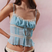 Combhasaki ženske Y2K vintage ljetne prozirne mrežaste majice s čipkom, podesivim remenom, prozirnim V izrezom, elastičnim skraćenim gornjim dijelom na leđima