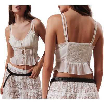 Combhasaki ženske Y2K vintage ljetne prozirne mrežaste majice s čipkom, podesivim remenom, prozirnim V izrezom, elastičnim skraćenim gornjim dijelom na leđima