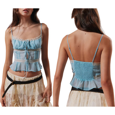 Combhasaki ženske Y2K vintage ljetne prozirne mrežaste majice s čipkom, podesivim remenom, prozirnim V izrezom, elastičnim skraćenim gornjim dijelom na leđima