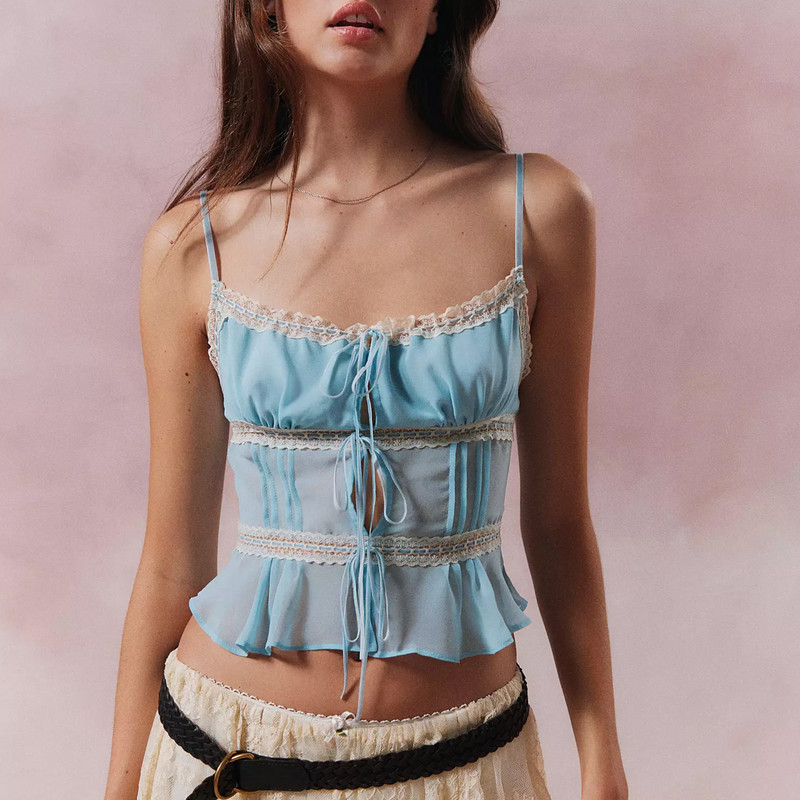 Combhasaki ženske Y2K vintage ljetne prozirne mrežaste majice s čipkom, podesivim remenom, prozirnim V izrezom, elastičnim skraćenim gornjim dijelom na leđima