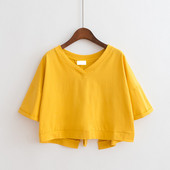 Γυναικείες μπλούζες με σπαστό με λαιμόκοψη σε σχήμα V, καλοκαιρινές νέες μονόχρωμες γυναικείες μπλούζες με κοντό μανίκι