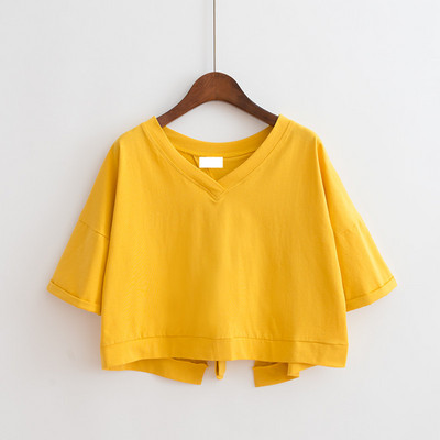 Γυναικείες μπλούζες με σπαστό με λαιμόκοψη σε σχήμα V, καλοκαιρινές νέες μονόχρωμες γυναικείες μπλούζες με κοντό μανίκι