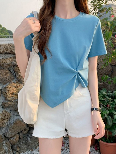 Y2K nepravilna majica kratkih rukava Ženska ljetna uska majica Femme Jednobojna korejska Kpop majica kratkih rukava s O-izrezom Ženska gornja odjeća