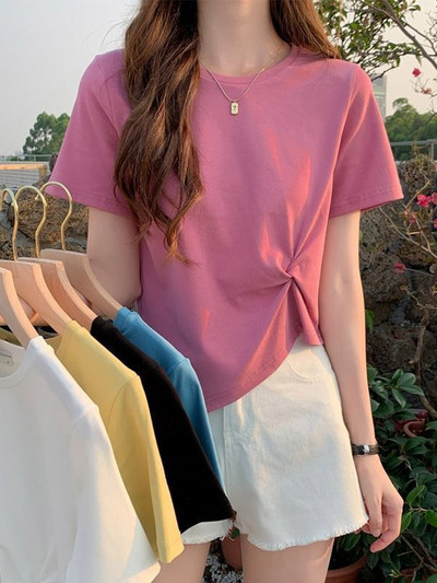 Y2K nepravilna majica kratkih rukava Ženska ljetna uska majica Femme Jednobojna korejska Kpop majica kratkih rukava s O-izrezom Ženska gornja odjeća