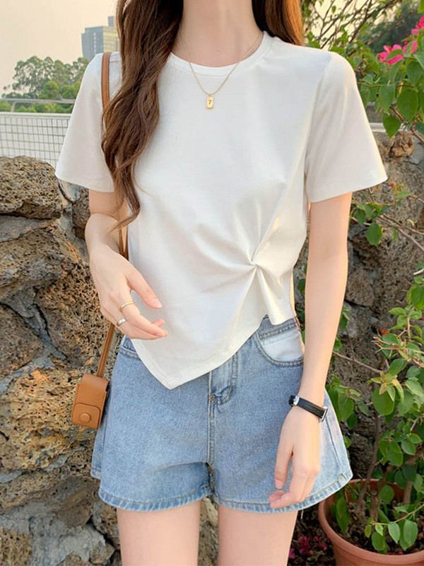 Y2K nepravilna majica kratkih rukava Ženska ljetna uska majica Femme Jednobojna korejska Kpop majica kratkih rukava s O-izrezom Ženska gornja odjeća