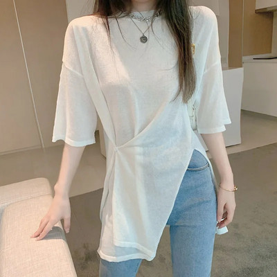 Ženska ljetna majica kratkih rukava srednje dužine s podijeljenim nepravilnim rukavima, korejska modna labava blago prozirna bluza za sunčanje