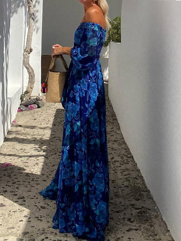 Lantern Sleeve 2024 Loungewear ruha, Női Tavaszi Nyári Egyszerű divatos buliruha, Slash Nyakú nyomtatás Elegáns Női Maxi ruha