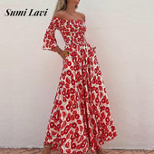 Vintage mustriga trükitud Boheemlaslik pikk kleit vabaaja laineliste varrukatega, taskuga plisseeritud peokleit Naiste elegantsed kaldkaelusega maksikleidid