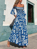 Tavaszi nyár női hát nélküli ünnepi ruha, kiszélesedett ujjú nappaliruha, nyomott Patchwork partiruha, ferde nyakú, elegáns női ruha