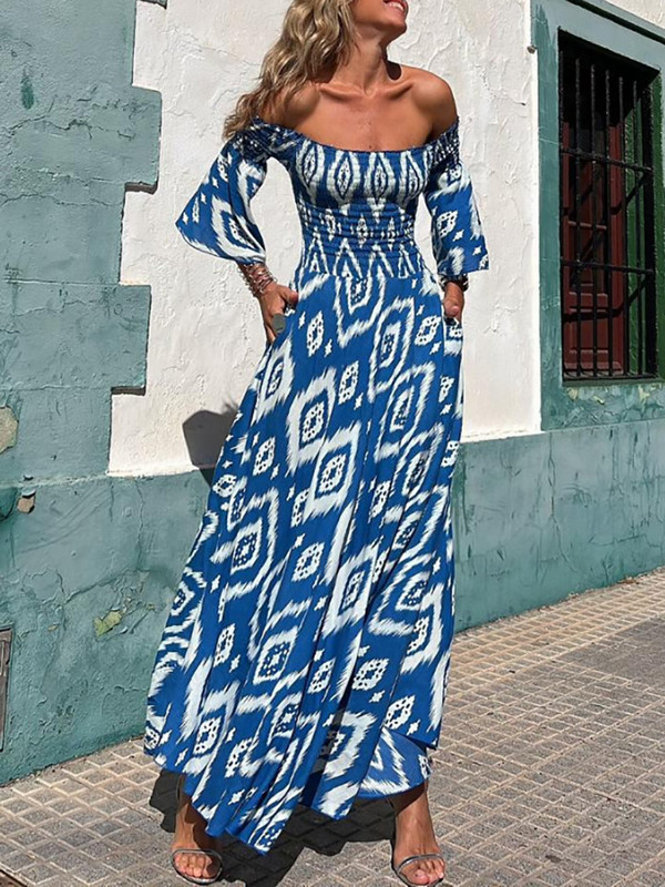 Tavaszi nyár női hát nélküli ünnepi ruha, kiszélesedett ujjú nappaliruha, nyomott Patchwork partiruha, ferde nyakú, elegáns női ruha