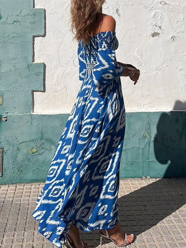 Tavaszi nyár női hát nélküli ünnepi ruha, kiszélesedett ujjú nappaliruha, nyomott Patchwork partiruha, ferde nyakú, elegáns női ruha