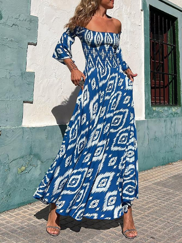 Tavaszi nyár női hát nélküli ünnepi ruha, kiszélesedett ujjú nappaliruha, nyomott Patchwork partiruha, ferde nyakú, elegáns női ruha