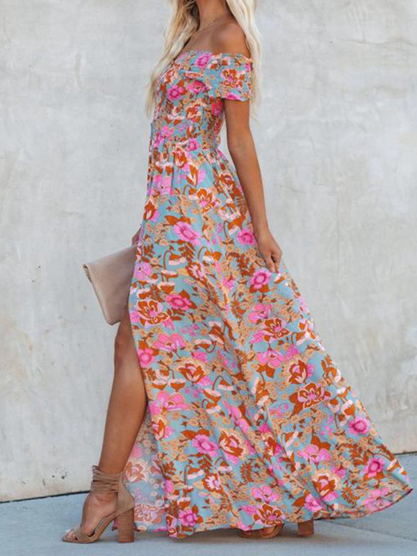 Ženska nova linija vrata, raširenih prsa i struka s prorezima, duga suknja, boemska haljina, modna haljina srednjeg struka s printom