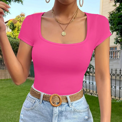 Tricou simplu de culoare solidă cu gât pătrat, pentru femei, slim fit, top cu talie în sus, picant girl vară cu mâneci scurte trandafir roșu