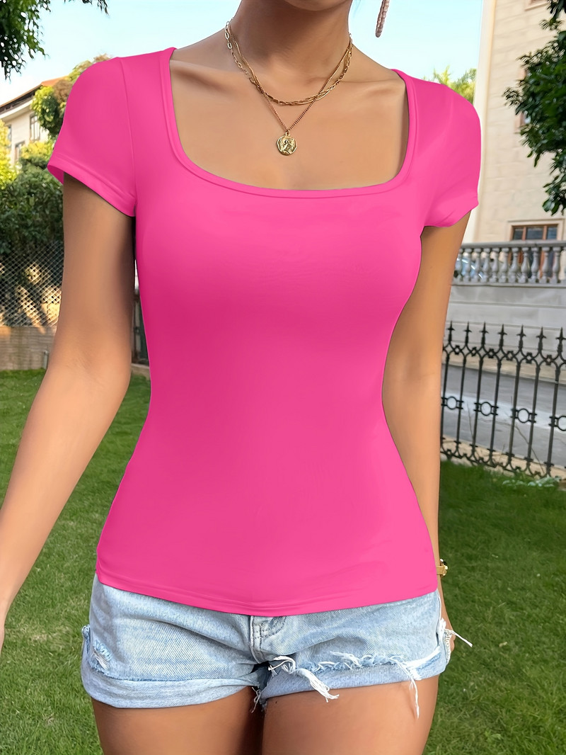 Tricou simplu de culoare solidă cu gât pătrat, pentru femei, slim fit, top cu talie în sus, picant girl vară cu mâneci scurte trandafir roșu