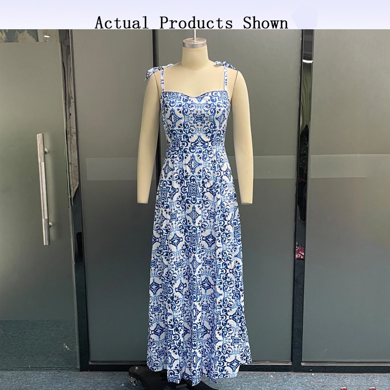 Wefads női maxi ruha nyári szexi édes pántos ujjatlan, háttámla nélküli, osztott retro porcelánmintás karcsú tengerparti parti ruhák