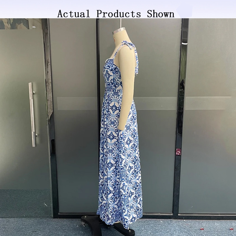 Wefads női maxi ruha nyári szexi édes pántos ujjatlan, háttámla nélküli, osztott retro porcelánmintás karcsú tengerparti parti ruhák