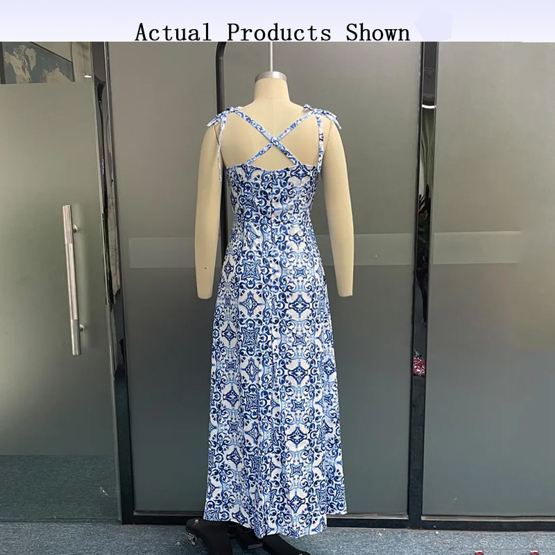 Wefads női maxi ruha nyári szexi édes pántos ujjatlan, háttámla nélküli, osztott retro porcelánmintás karcsú tengerparti parti ruhák