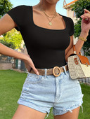 Tricou simplu cu gât pătrat, de culoare uni, pentru femei, versatil, slim fit, cu mânecă scurtă de vară, negru