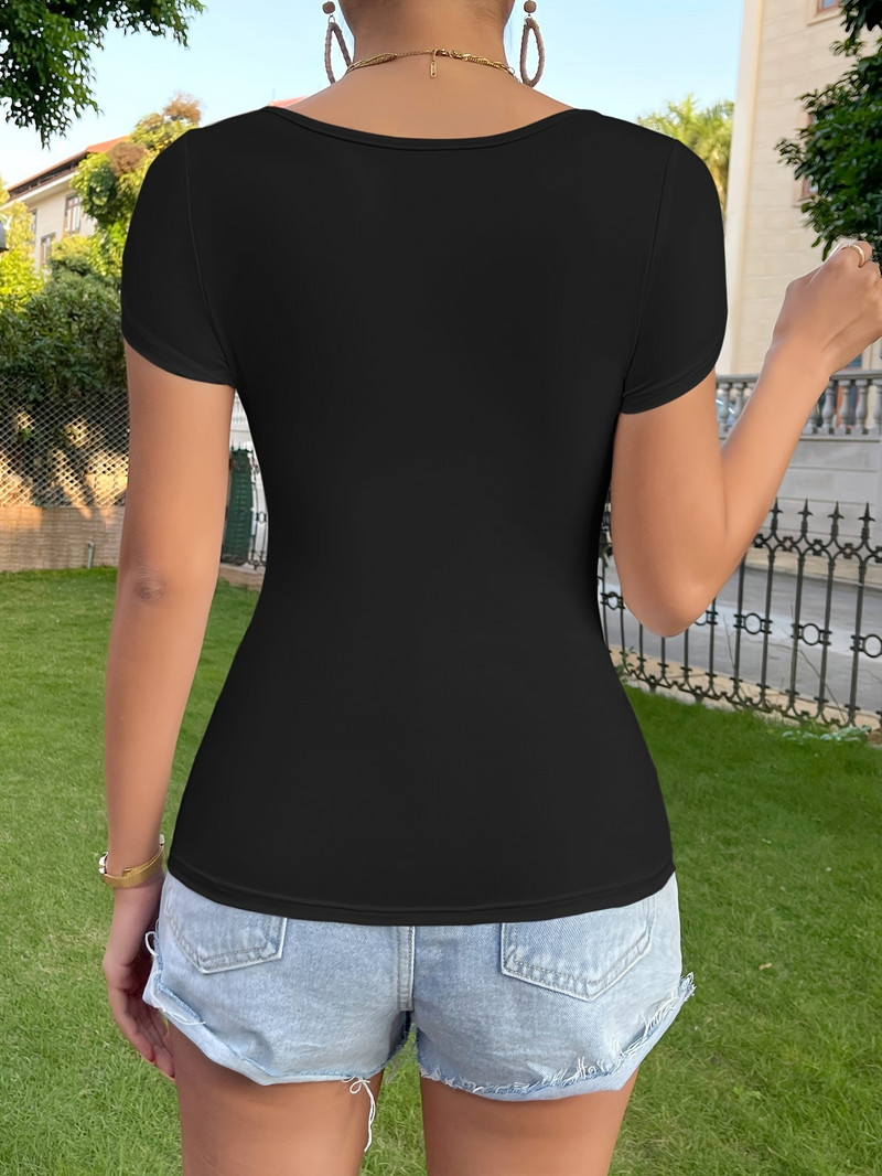 Tricou simplu cu gât pătrat, de culoare uni, pentru femei, versatil, slim fit, cu mânecă scurtă de vară, negru