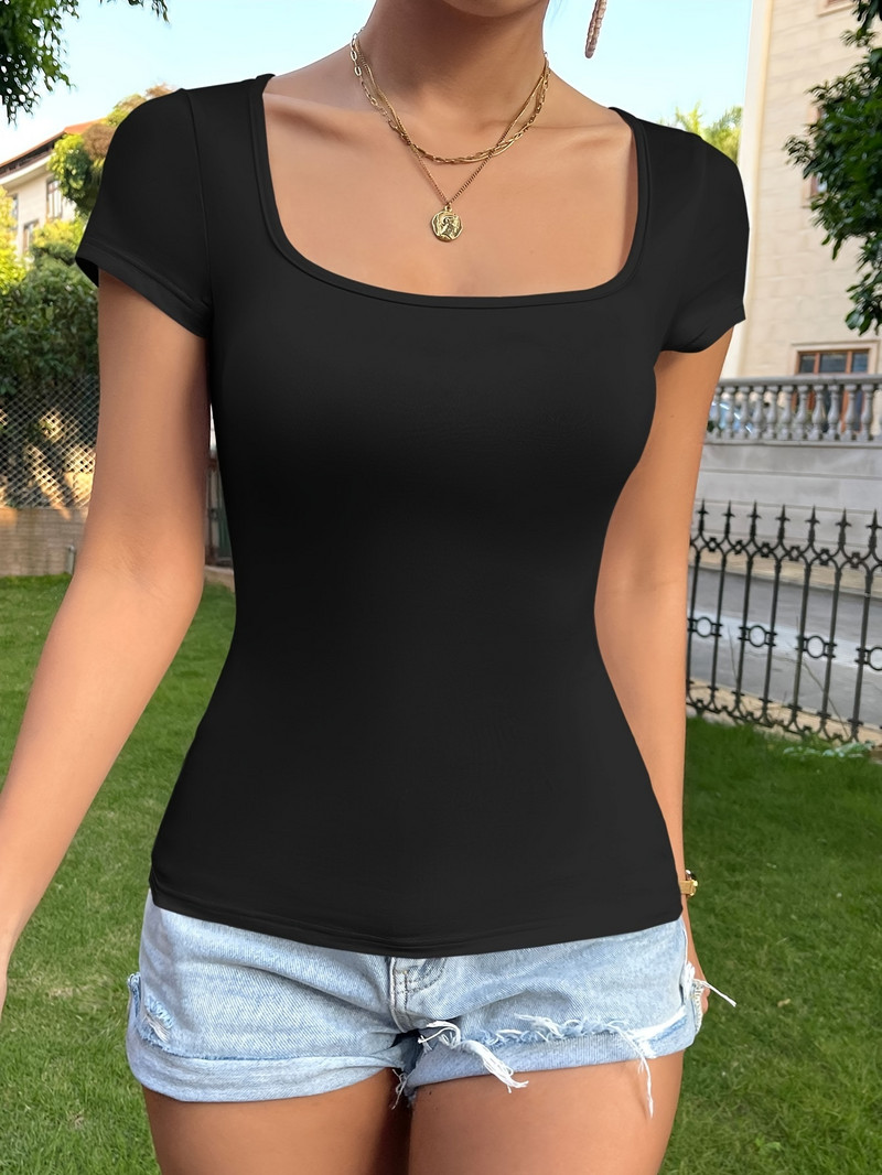 Tricou simplu cu gât pătrat, de culoare uni, pentru femei, versatil, slim fit, cu mânecă scurtă de vară, negru