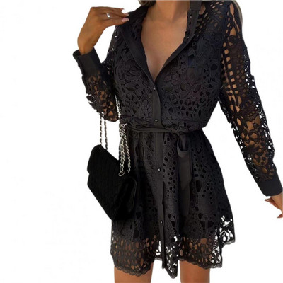 Rochie cămașă Rochie elegantă din dantelă scobită Femei de primăvară cu guler răsturnat Rochie cămașă de vară Rochie de petrecere cu dantelă și curea