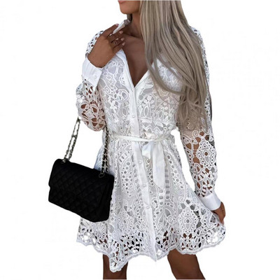 Rochie cămașă Rochie elegantă din dantelă scobită Femei de primăvară cu guler răsturnat Rochie cămașă de vară Rochie de petrecere cu dantelă și curea