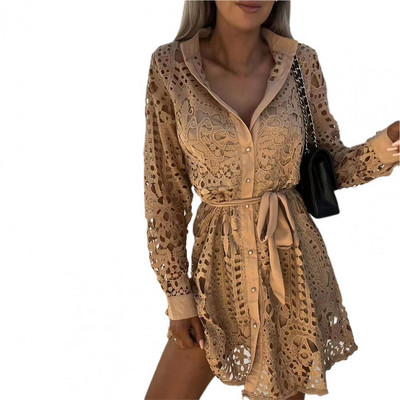 Rochie cămașă Rochie elegantă din dantelă scobită Femei de primăvară cu guler răsturnat Rochie cămașă de vară Rochie de petrecere cu dantelă și curea