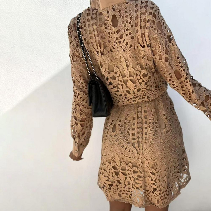 Rochie cămașă Rochie elegantă din dantelă scobită Femei de primăvară cu guler răsturnat Rochie cămașă de vară Rochie de petrecere cu dantelă și curea