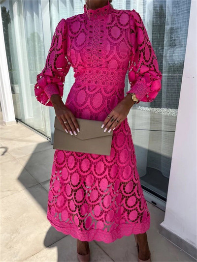 Rochie de modă pentru femei, cu mâneci lungi, dantelă, îmbinare, croșetat, broderie, culoare uni, scobit, rochie lungă.