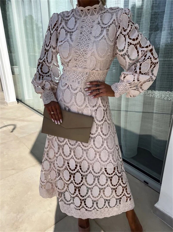 Rochie de modă pentru femei, cu mâneci lungi, dantelă, îmbinare, croșetat, broderie, culoare uni, scobit, rochie lungă.