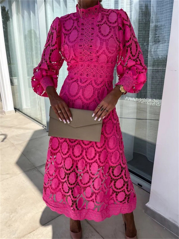 Rochie de modă pentru femei, cu mâneci lungi, dantelă, îmbinare, croșetat, broderie, culoare uni, scobit, rochie lungă.