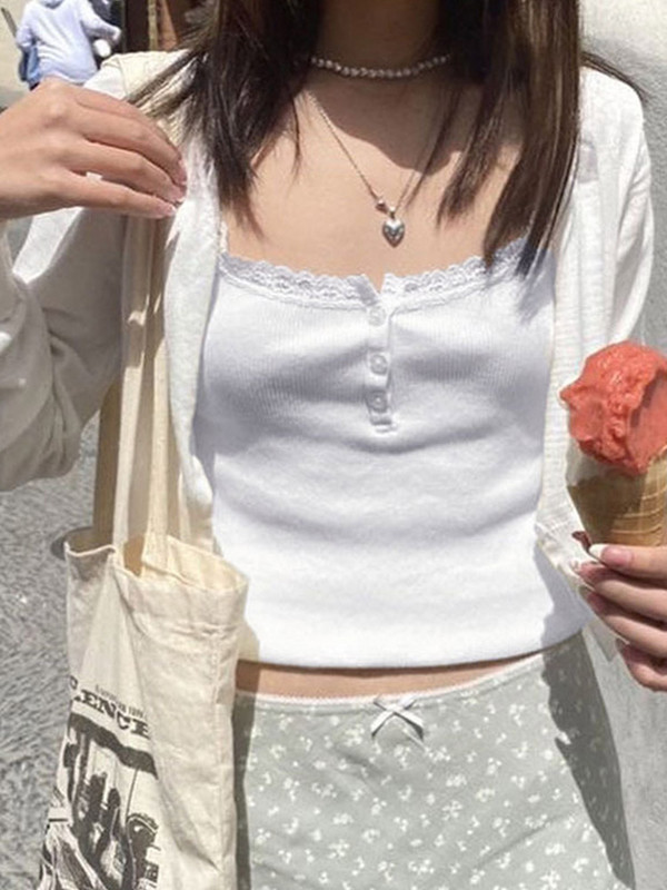 Női csipke díszítésű Cami felsők Ujjatlan spagetti pántos karcsúsított mellény Crop Tops Gombbal lefelé Camisole utcai ruházat