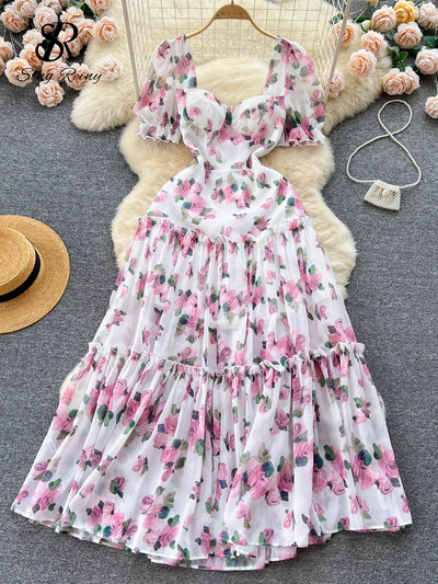 SINGREINY Rochie cu imprimeu floral de vacanță pe plajă pentru femei, fără spate, cu dantelă, bandaj încrucișat, volanat, rochie lungă de petrecere, la modă, coreeană.