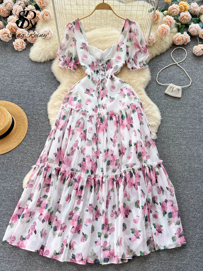 SINGREINY Rochie cu imprimeu floral de vacanță pe plajă pentru femei, fără spate, cu dantelă, bandaj încrucișat, volanat, rochie lungă de petrecere, la modă, coreeană.